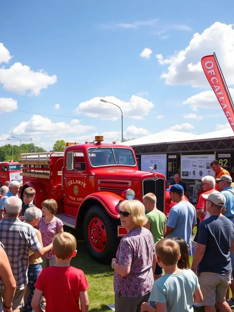 A photograph of a community event where the restored Delahaye fire truck is displayed, with members of the public engaging with the exhibit and learning about its history.