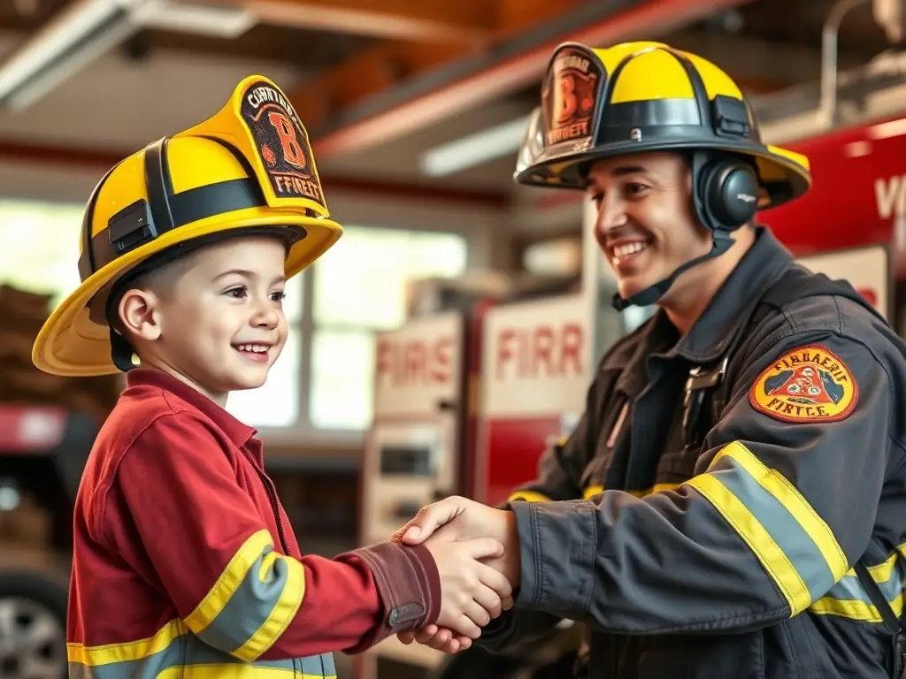 A close-up shot of a young student interacting with a firefighter during an educational program, highlighting the transmission of knowledge and the importance of preserving firefighter heritage.