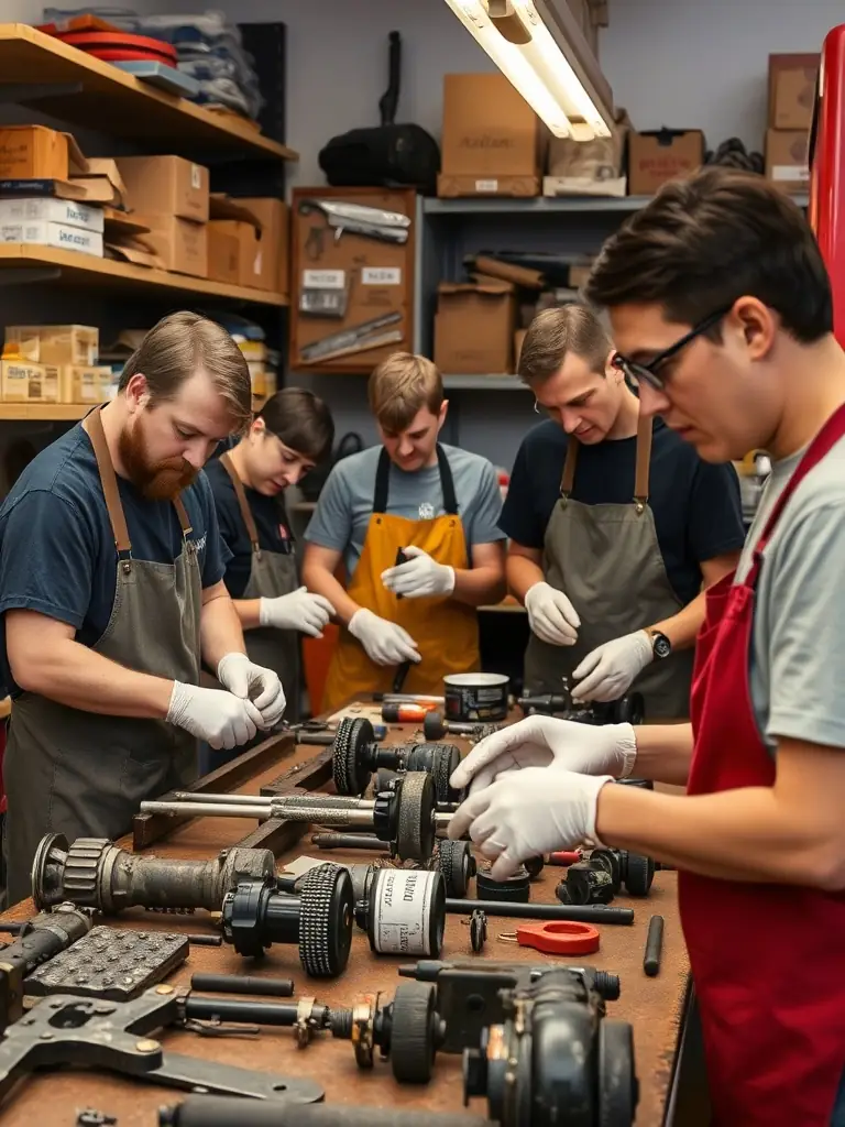 A photograph of the Delahaye fire truck from 1929, partially disassembled, with volunteers carefully cleaning and cataloging its parts in a workshop setting. The image should convey a sense of meticulous restoration work.