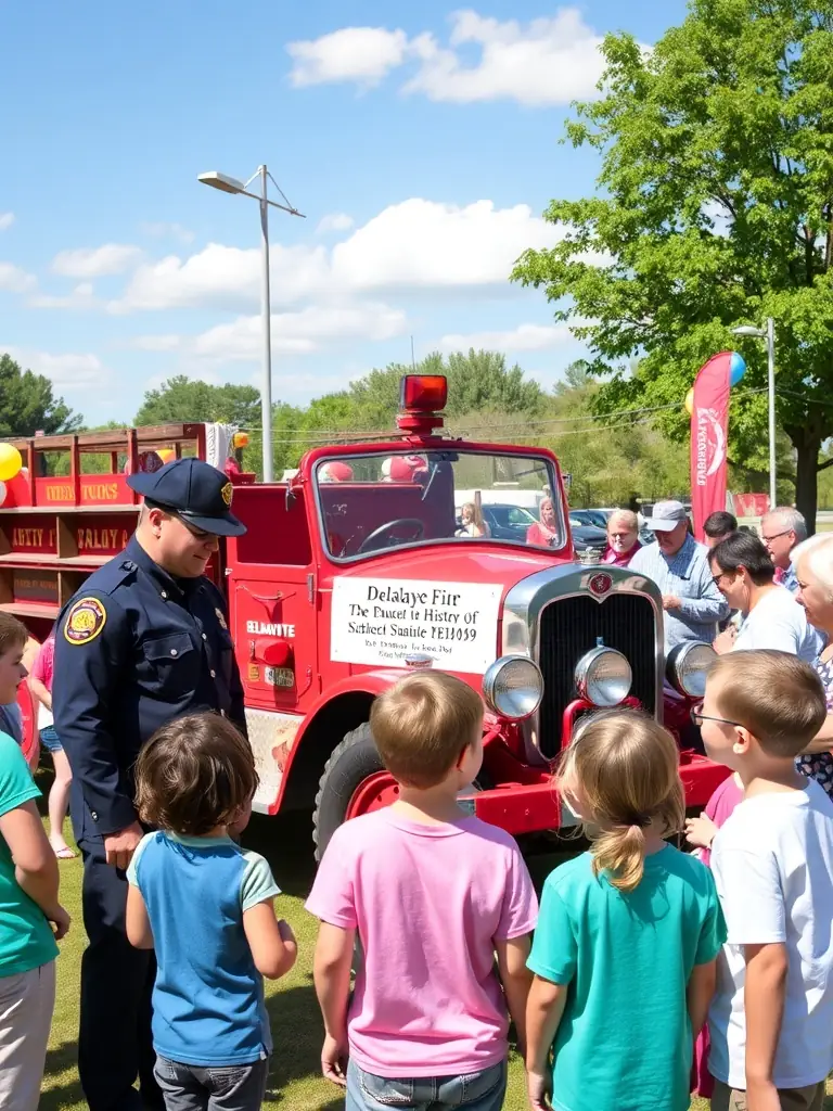 A photo of a community event where the restored Delahaye fire truck is displayed, with firefighters and local residents interacting and learning about its history. The atmosphere is celebratory and educational.