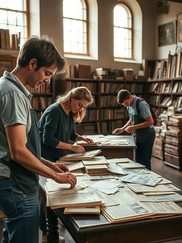 A photograph of volunteers carefully cataloging and archiving historical documents and artifacts related to the fire service in Menetou-Salon.