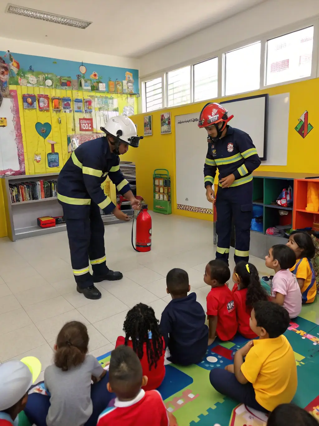 A photograph of a volunteer giving a presentation on the history of firefighting in Menetou-Salon to a group of local students.