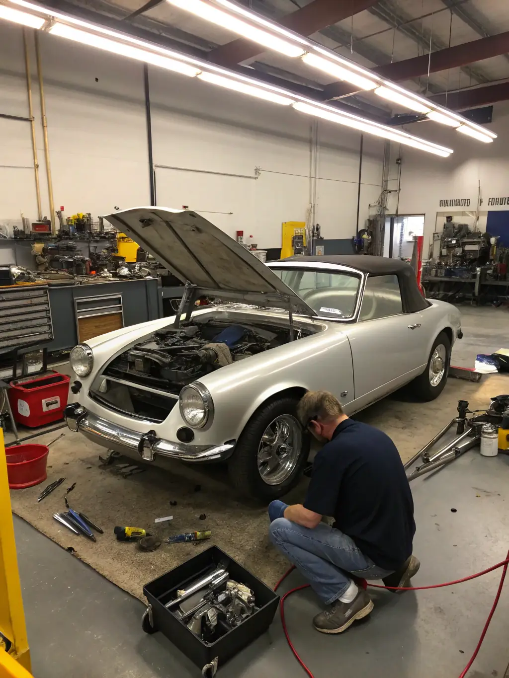 A detailed photograph of the 1929 Delahaye fire truck undergoing restoration, showcasing the intricate work and dedication involved in preserving this historical artifact.