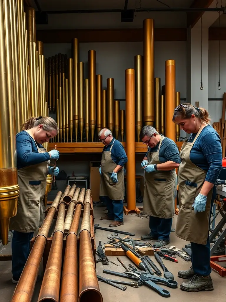 A photograph of a group of volunteers working together to clean and polish the brass fittings of the Delahaye fire truck, highlighting the collaborative effort involved in preservation.