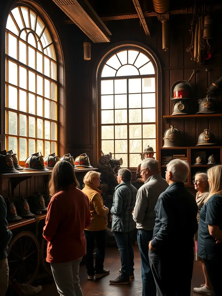 A photo of a public exhibition featuring restored firefighting equipment and historical artifacts, promoting awareness and appreciation for firefighter heritage.