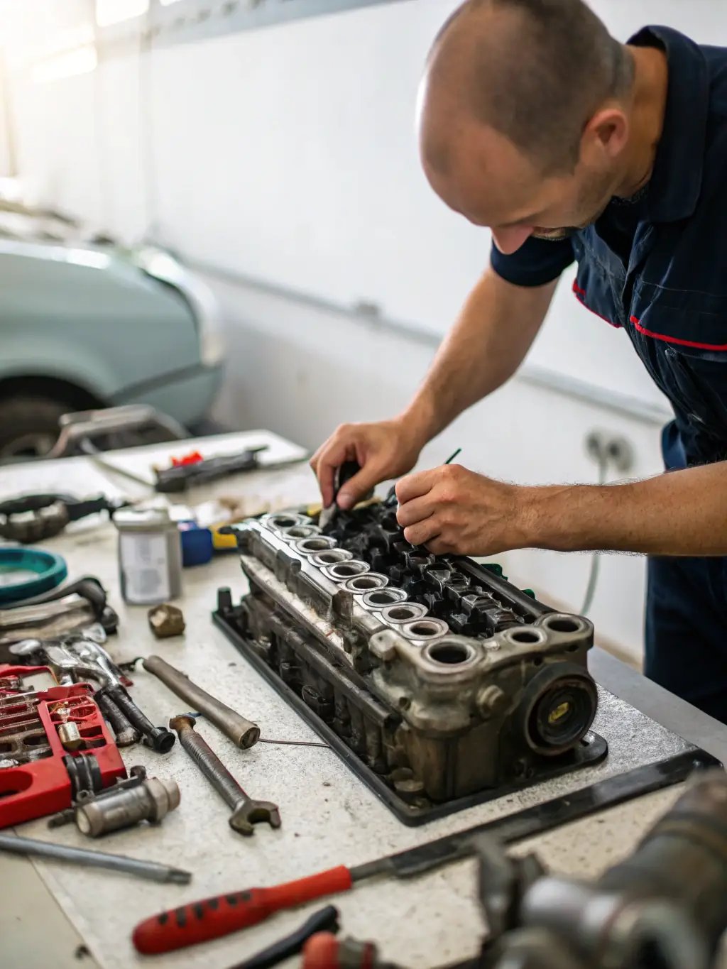 A close-up shot of a skilled craftsman repairing a damaged part of the Delahaye fire truck, showcasing the traditional techniques used in the restoration process. The focus is on the craftsmanship and attention to detail.