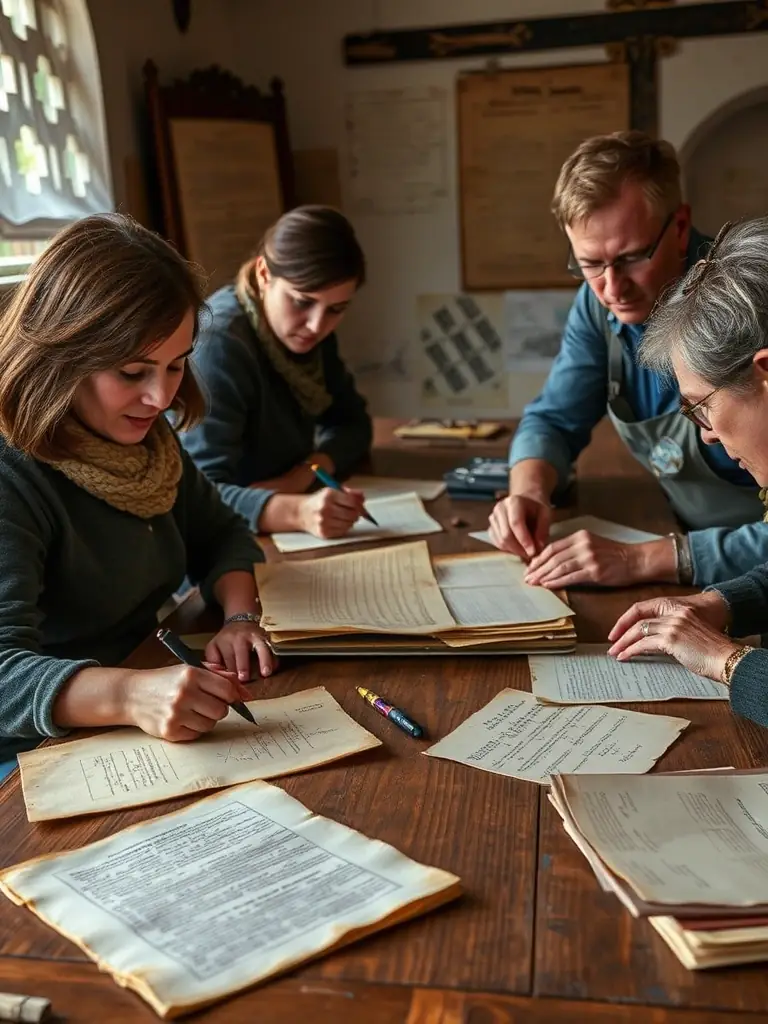 A group of volunteers examining historical documents and photographs related to the Menetou-Salon fire brigade. The setting is a local archive or library, emphasizing the research aspect.