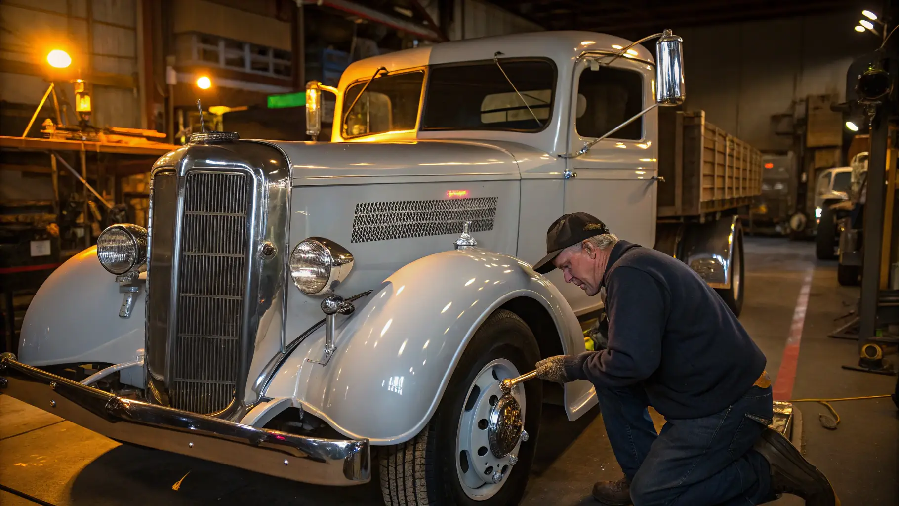 A vintage fire truck, specifically a 1929 Delahaye, is being restored by volunteers in a workshop setting. Tools and equipment are visible, highlighting the restoration process.