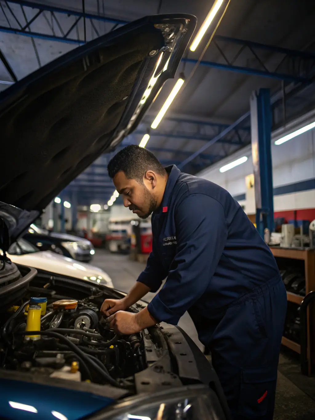 A detailed photograph of the Delahaye fire truck's engine being meticulously restored by a skilled volunteer, showcasing the precision and care involved in the process.