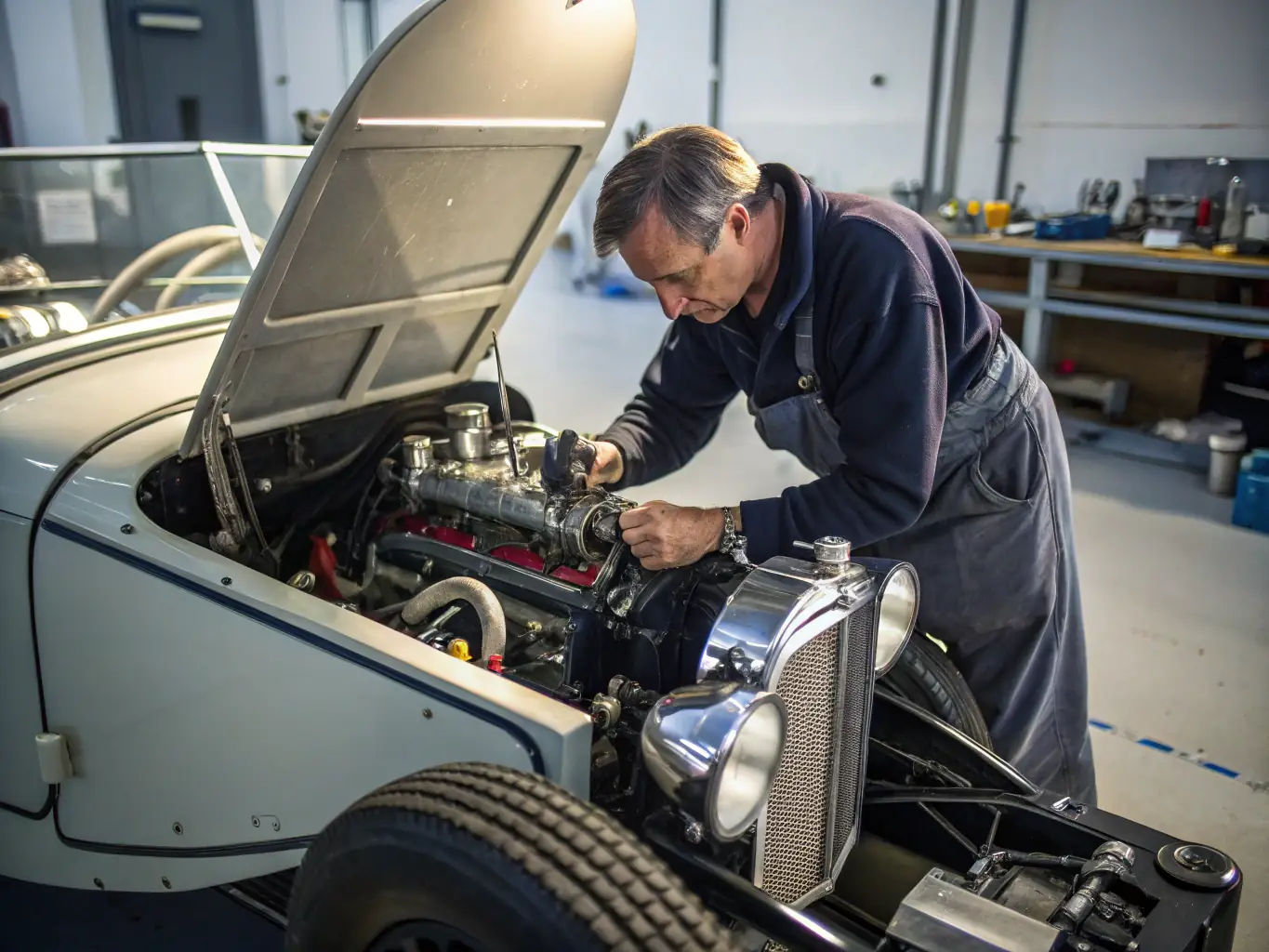 A photograph showcasing volunteers meticulously restoring a vintage fire engine, with a focus on their dedication and the intricate details of the restoration process.